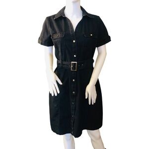 APT 9 Dark Blue Denim Button Down Short Sleeve Jean Dress Size 10 Knee Length